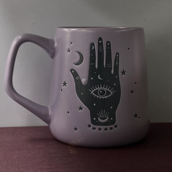 Fig and Fern Boho HAMSA HAND Evil Eye Ceramic Coffee Mug Purple - Picture 3 of 13